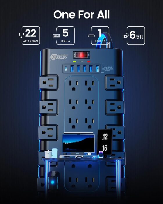 Power Strip, SUPERDANNY Surge Protector with 22 AC