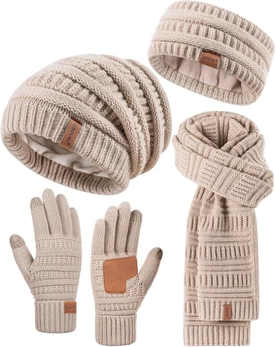 Womens Winter Beanie Hat Scarf Gloves Headband Set